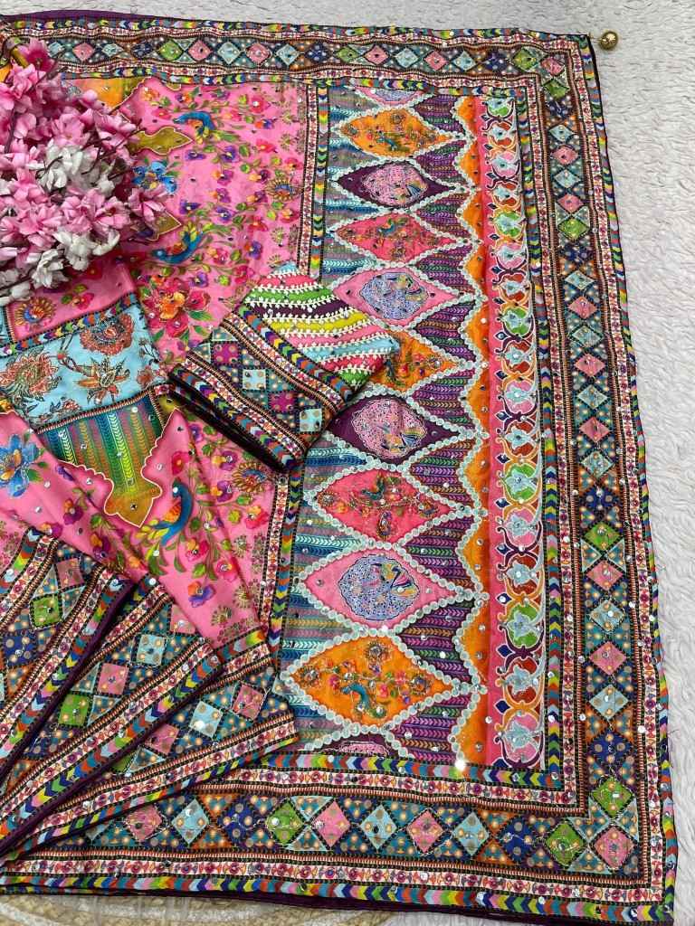 CHINNON DIGITAL PRINT AARI WORK & ORIGINAL MIRROR WORK SAREE