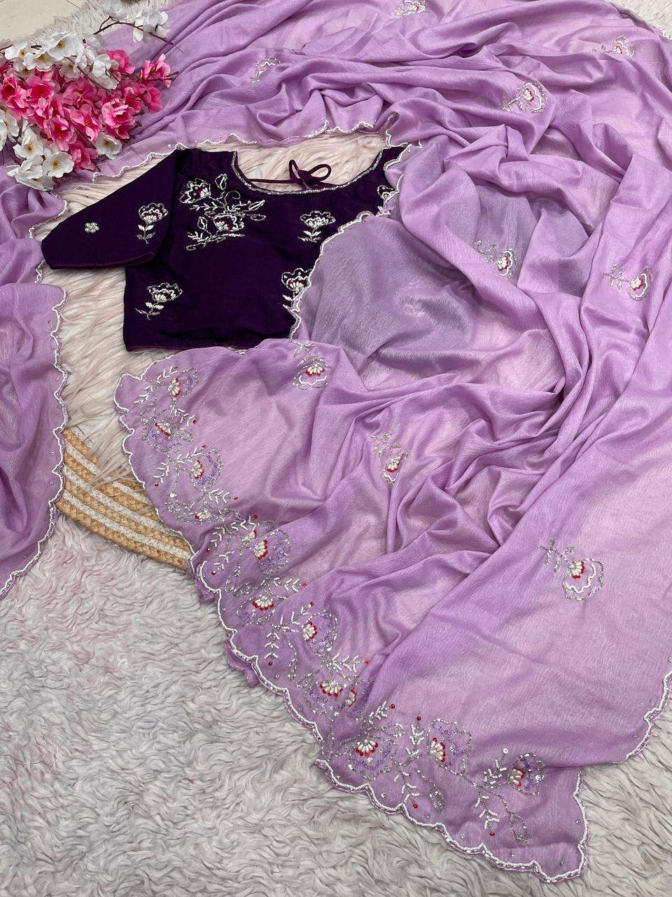 CRUSH CHIFFON KHATLI CUTDANA HANDWORK SAREE