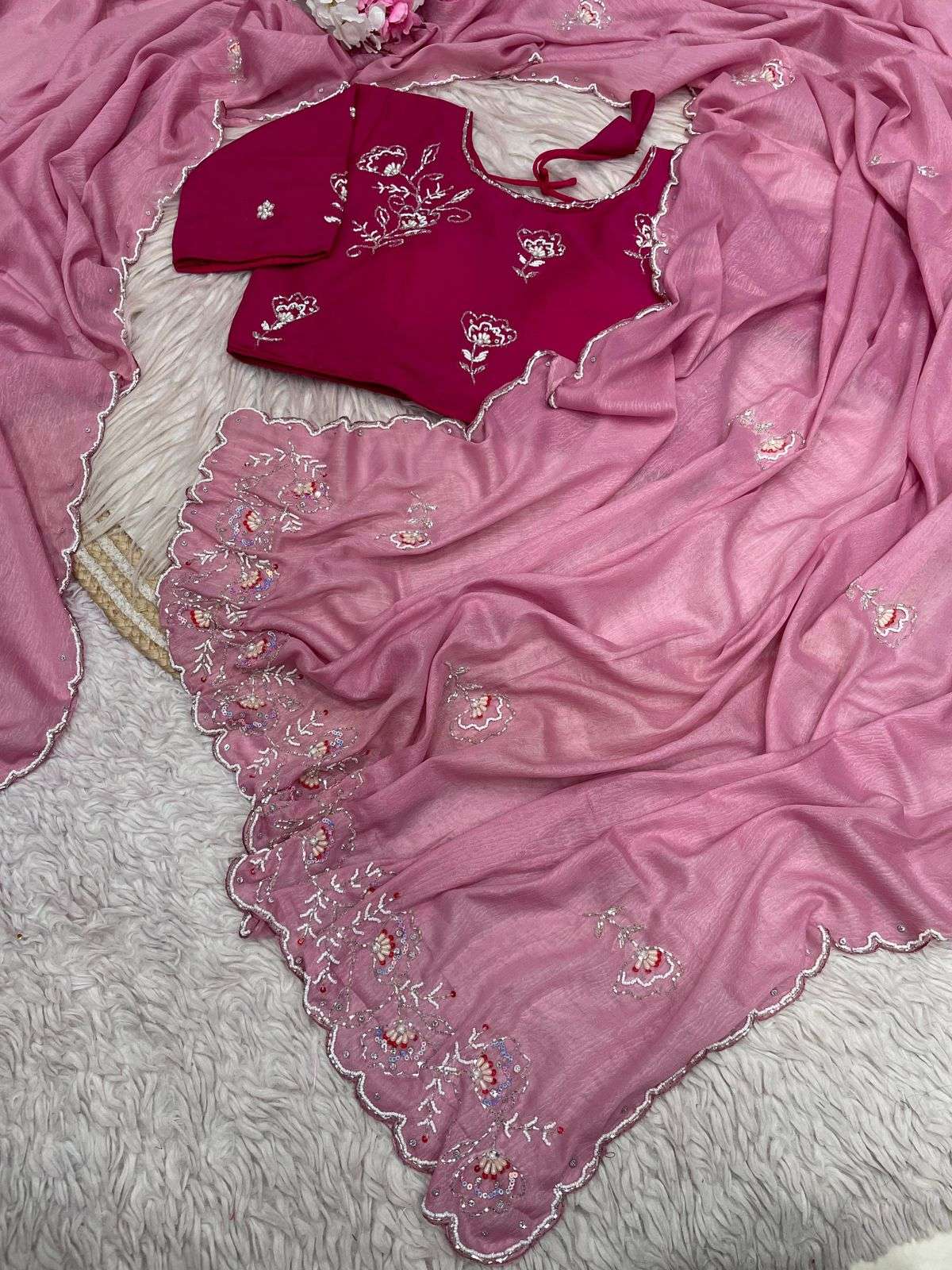 CRUSH CHIFFON KHATLI CUTDANA HANDWORK SAREE