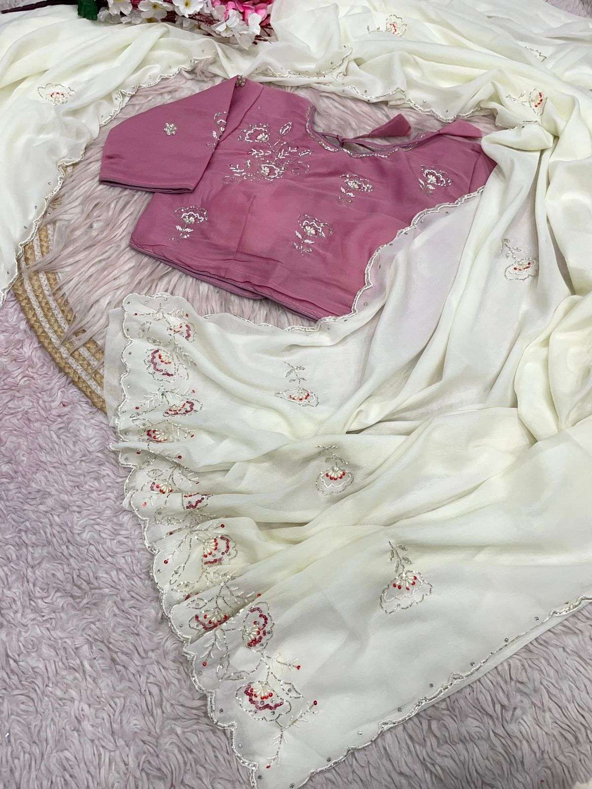 CRUSH CHIFFON KHATLI CUTDANA HANDWORK SAREE