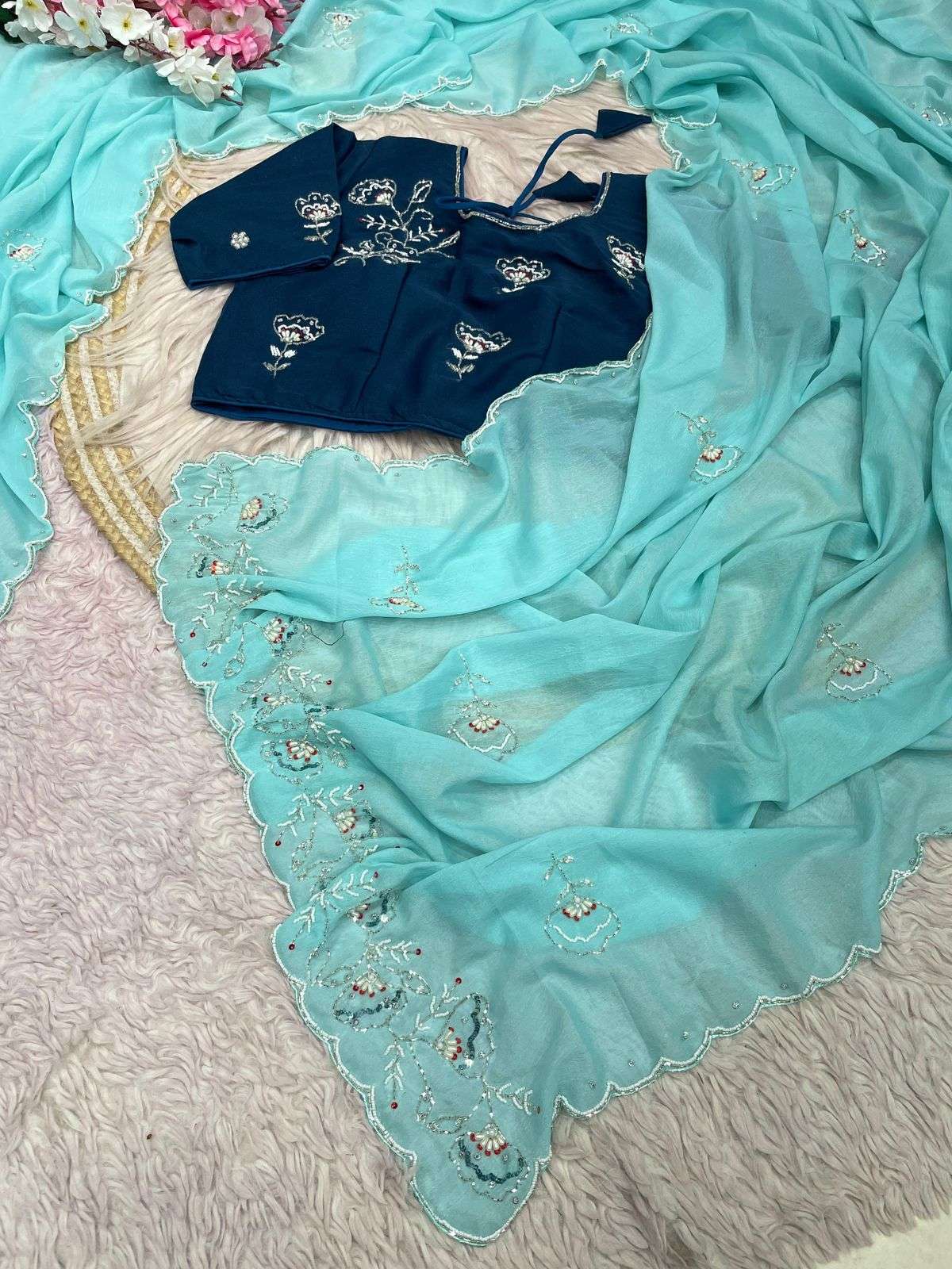CRUSH CHIFFON KHATLI CUTDANA HANDWORK SAREE