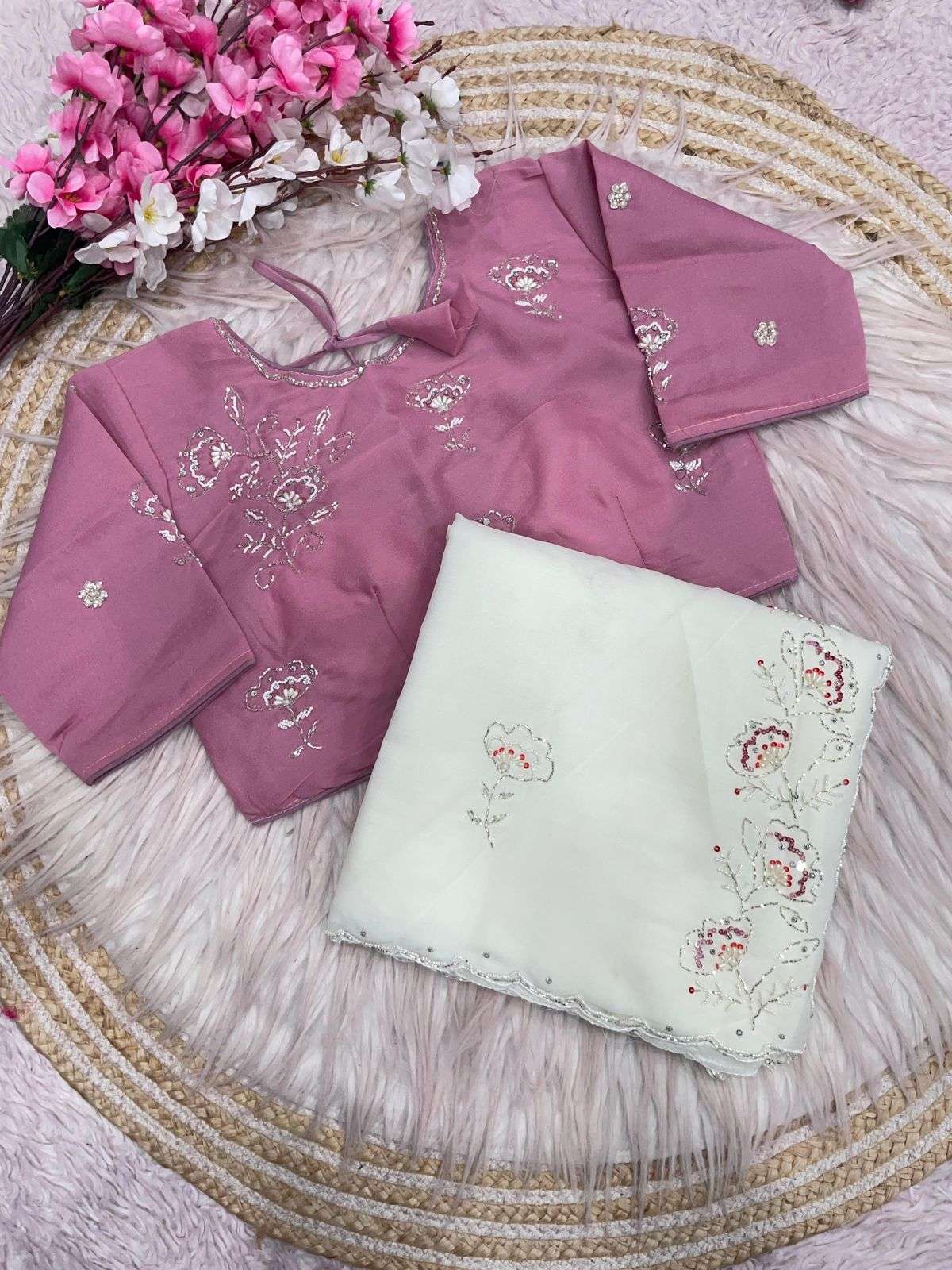 CRUSH CHIFFON KHATLI CUTDANA HANDWORK SAREE