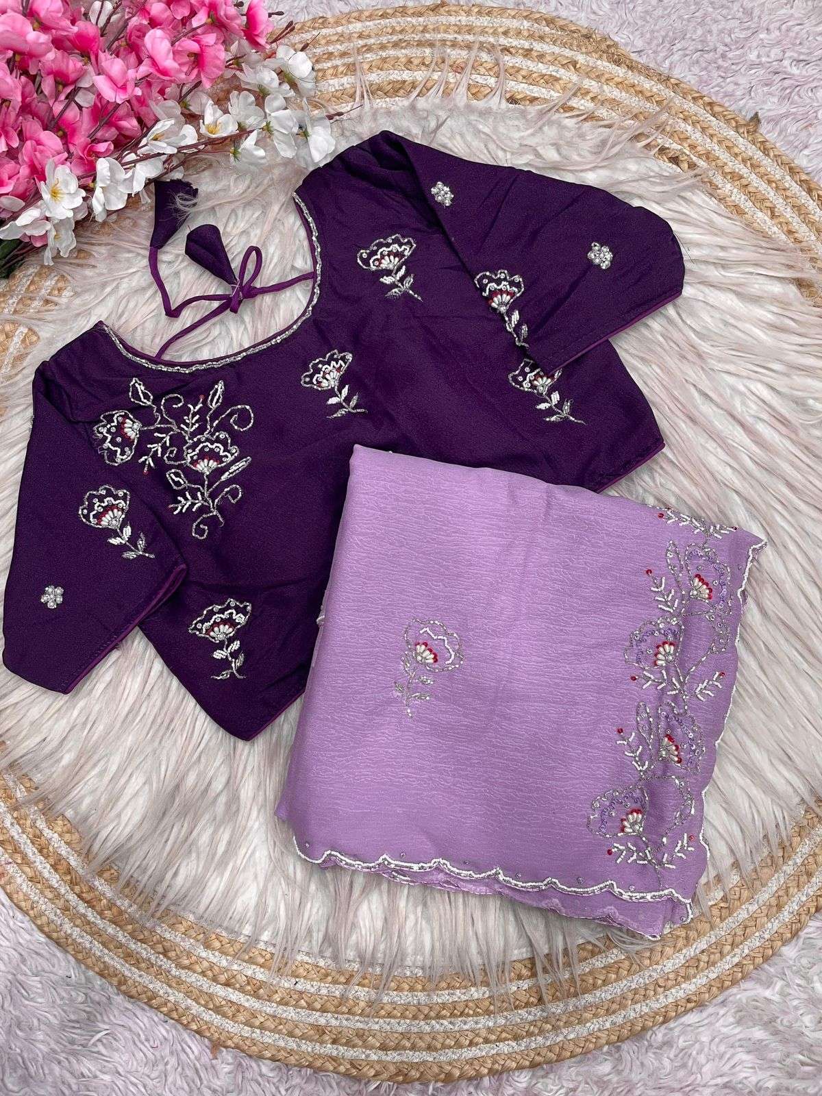 CRUSH CHIFFON KHATLI CUTDANA HANDWORK SAREE