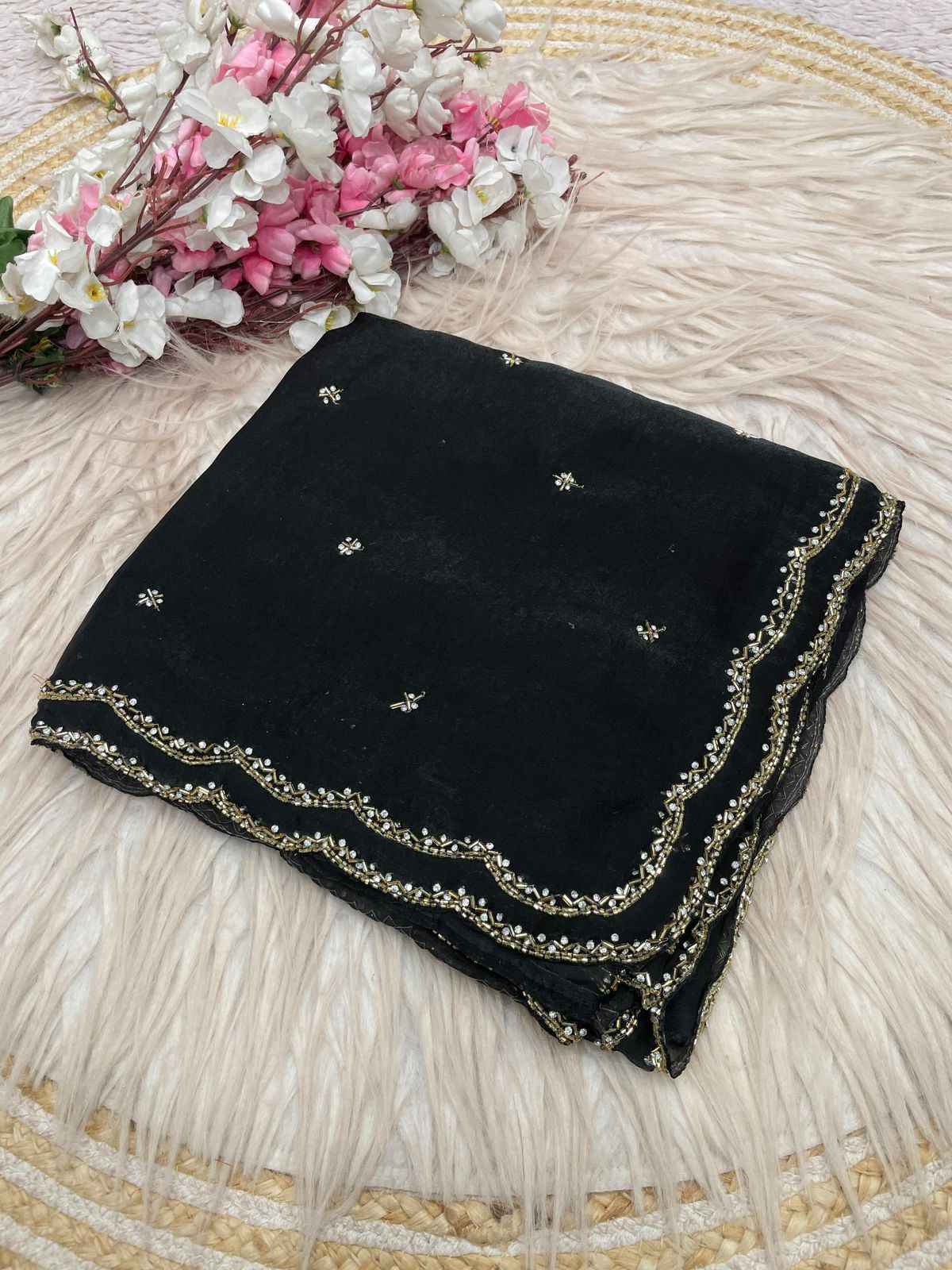FANDY SATTIN KHATLI CUT DANA HANDWORK SAREE