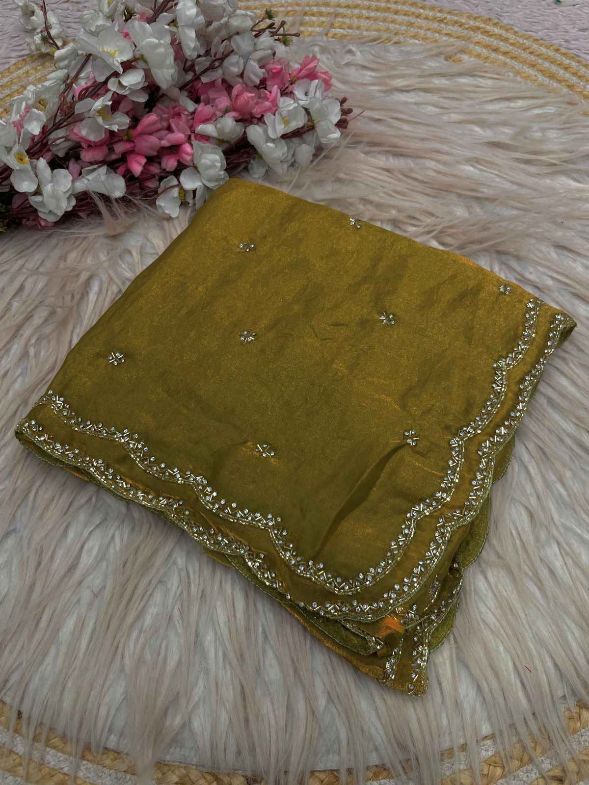 FANDY SATTIN KHATLI CUT DANA HANDWORK SAREE
