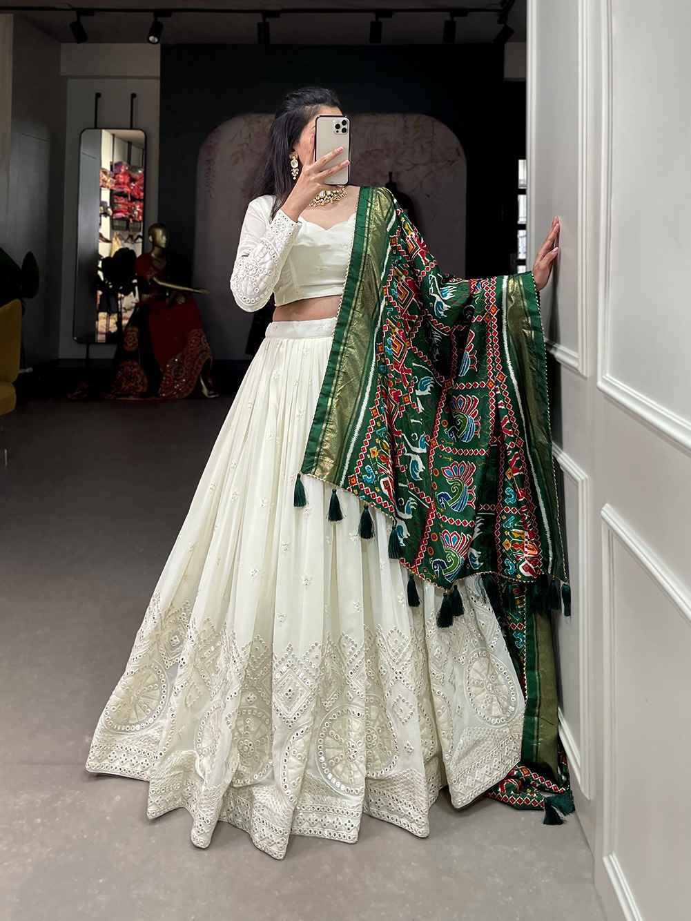 GEORGETTE LUCKNOWI PAPER MIRROR WORK LEHENGA CHOLI