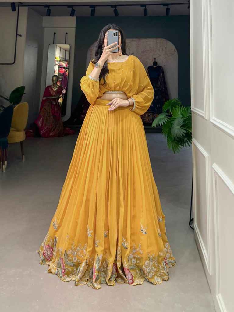 GEORGETTE SEQUINS AND THREAD EMBROIDERY WORK CORD SET LEHENGA 