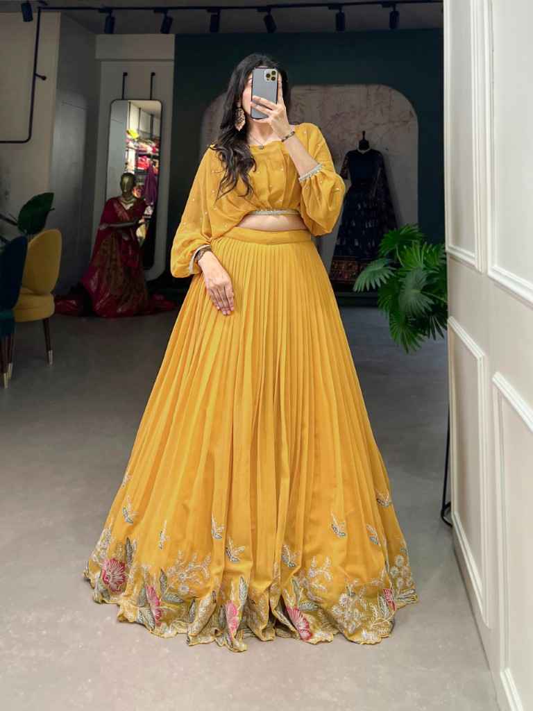 GEORGETTE SEQUINS AND THREAD EMBROIDERY WORK CORD SET LEHENGA 