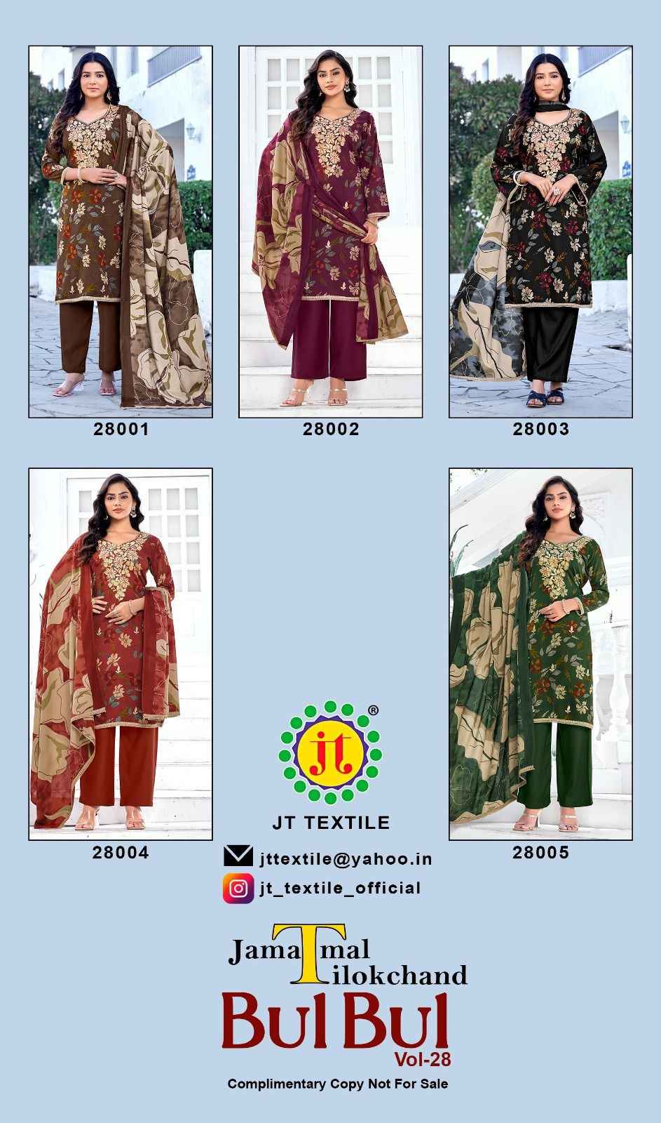 JT BULBUL VOL-28 RAYON PREMIUM EMBROIDERY WORK DRESS MATERIAL 