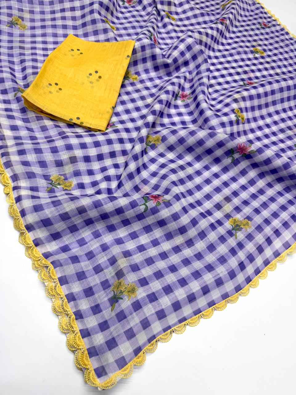 PLAIN LINEN DIGITAL PRINT FANCY LACE BORDER SAREE