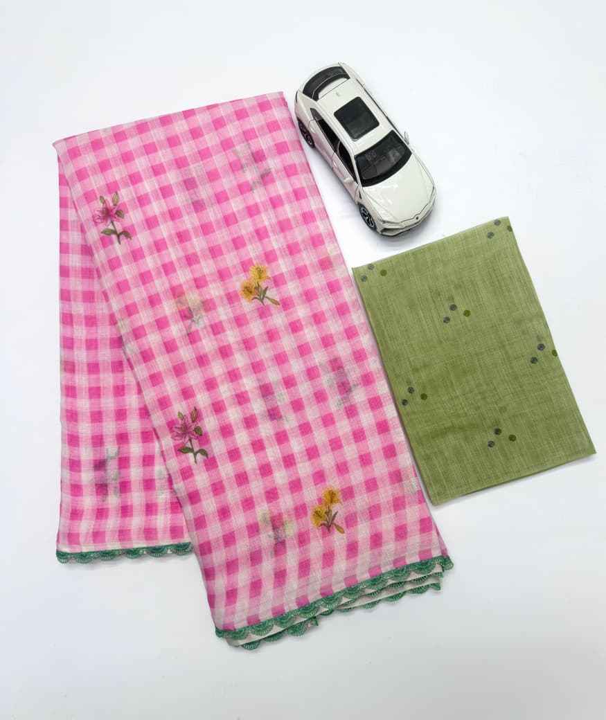 PLAIN LINEN DIGITAL PRINT FANCY LACE BORDER SAREE