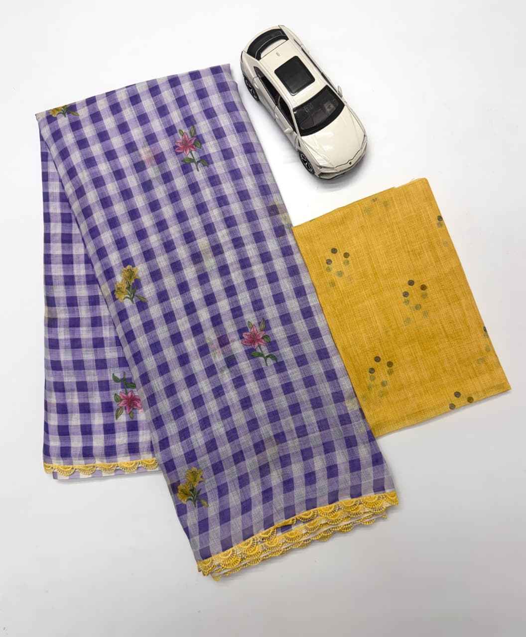 PLAIN LINEN DIGITAL PRINT FANCY LACE BORDER SAREE