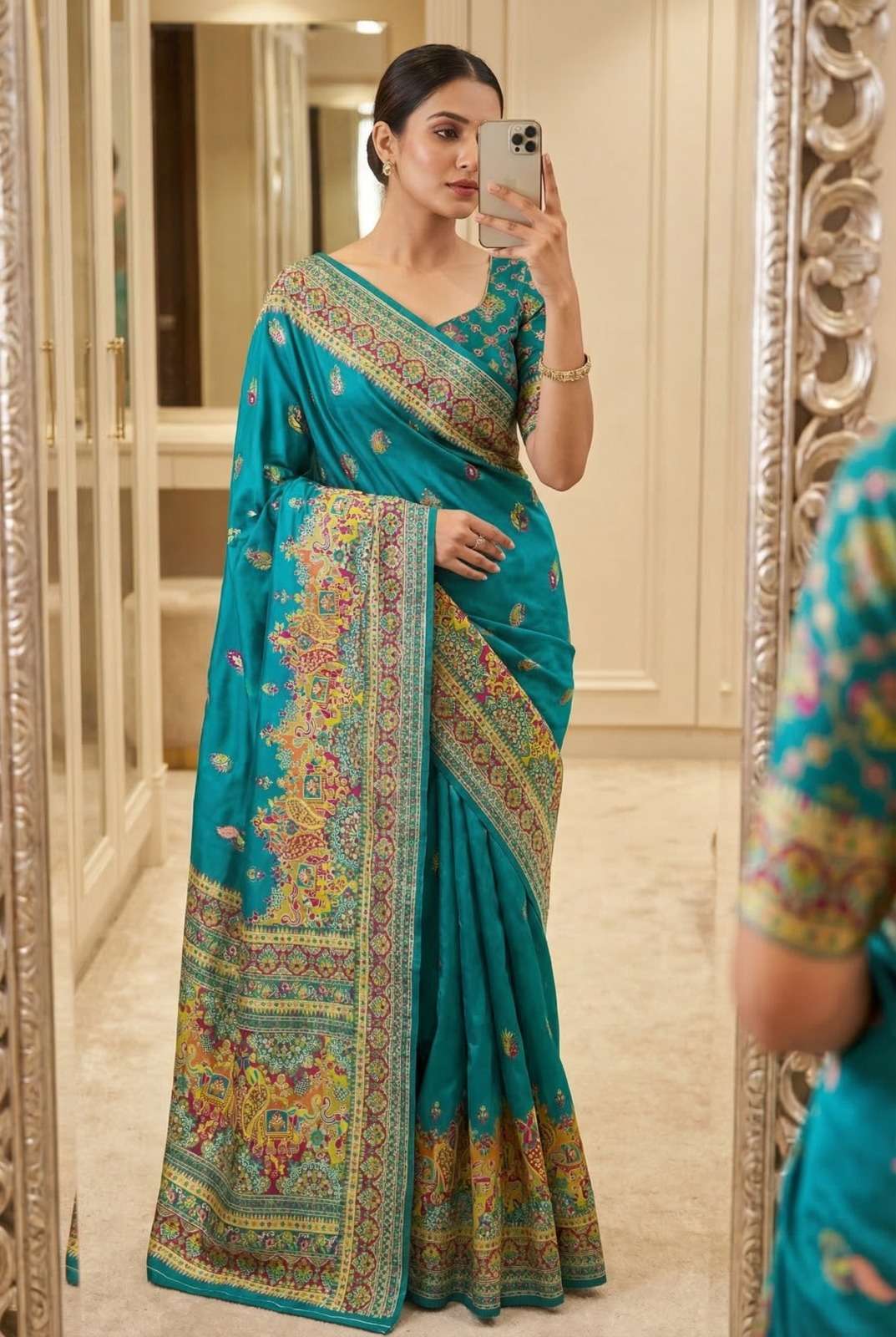 PASHMINA SILK MULTICOLOR FLORAL WOVEN MOTIFS SAREE 