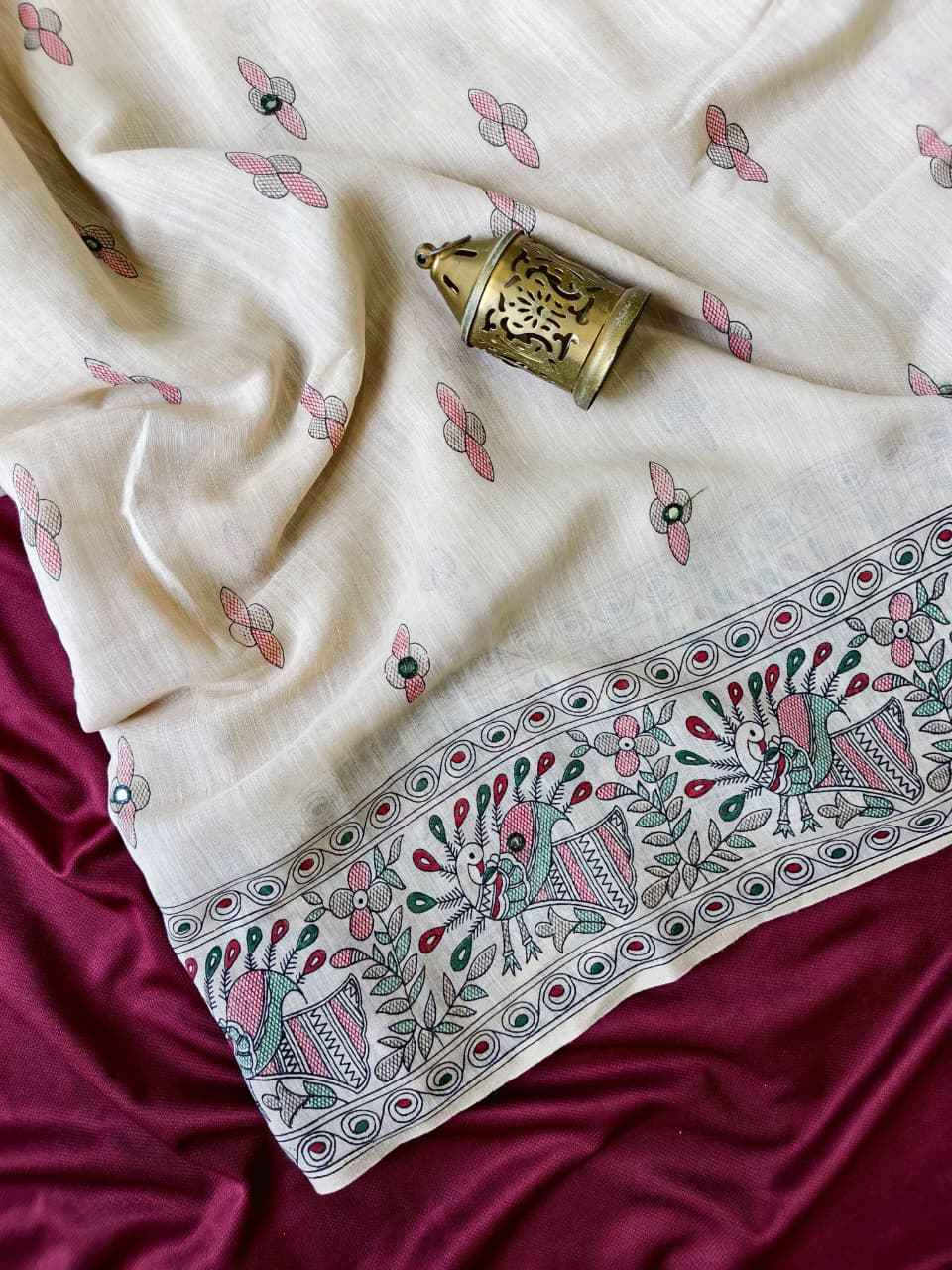 PURE 90 COUNT SLUB LINEN MADHUBANI PRINT SAREE 
