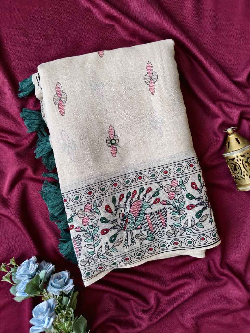 PURE 90 COUNT SLUB LINEN MADHUBANI PRINT SAREE 