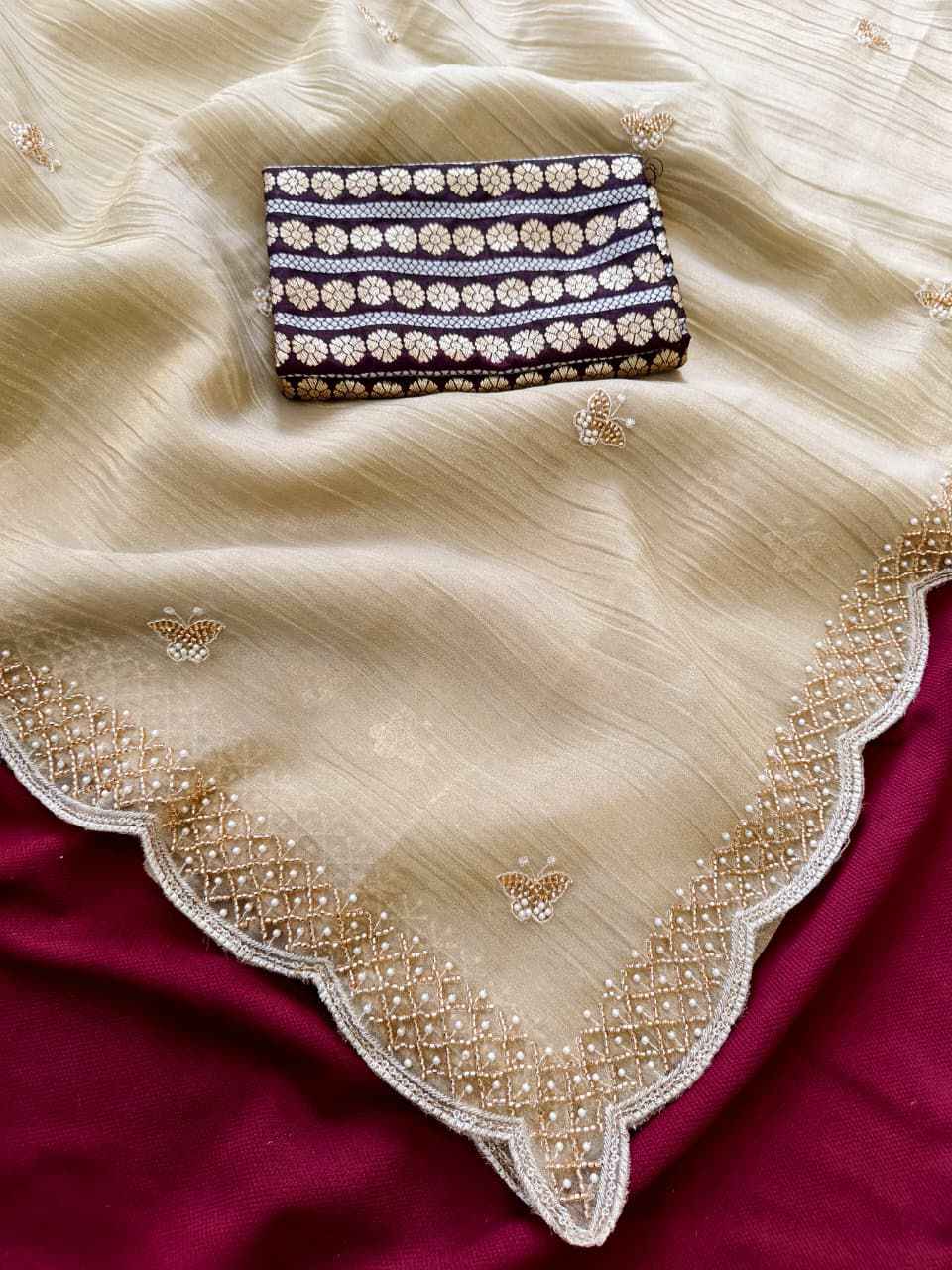 PURE CHIFFON BEADS HANDWORK WORK SAREE