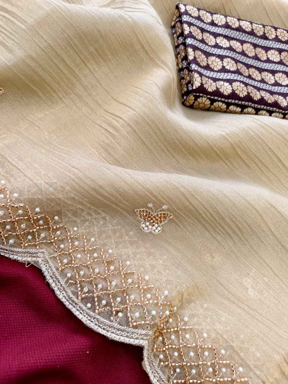 PURE CHIFFON BEADS HANDWORK WORK SAREE