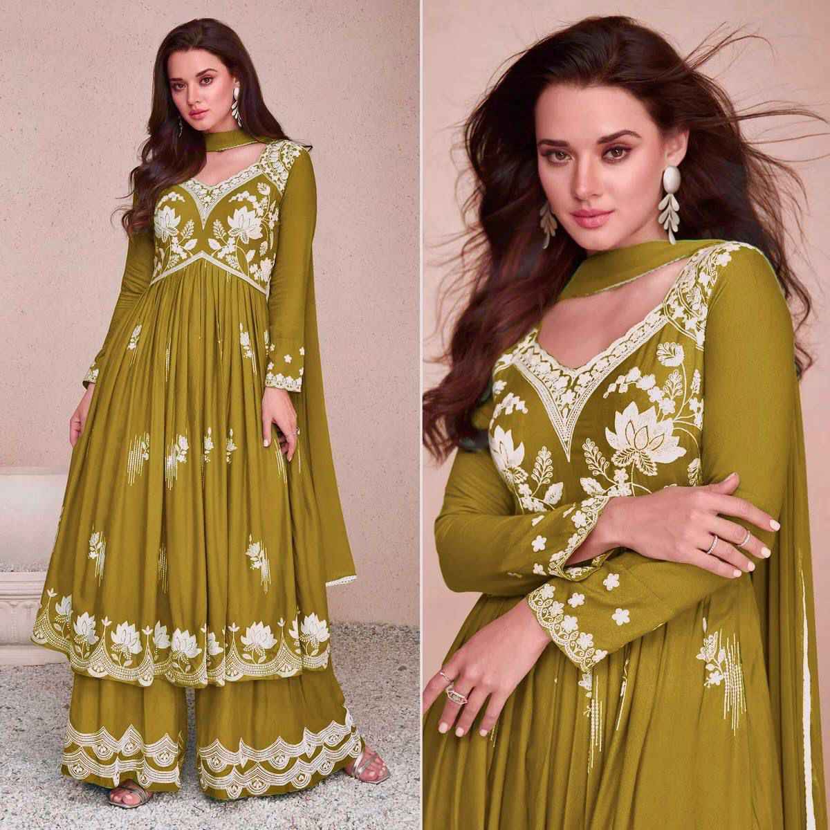 PURE CHINON SILK EMBROIDEY THREAD WORK READYMADE ANARKALI SUIT 