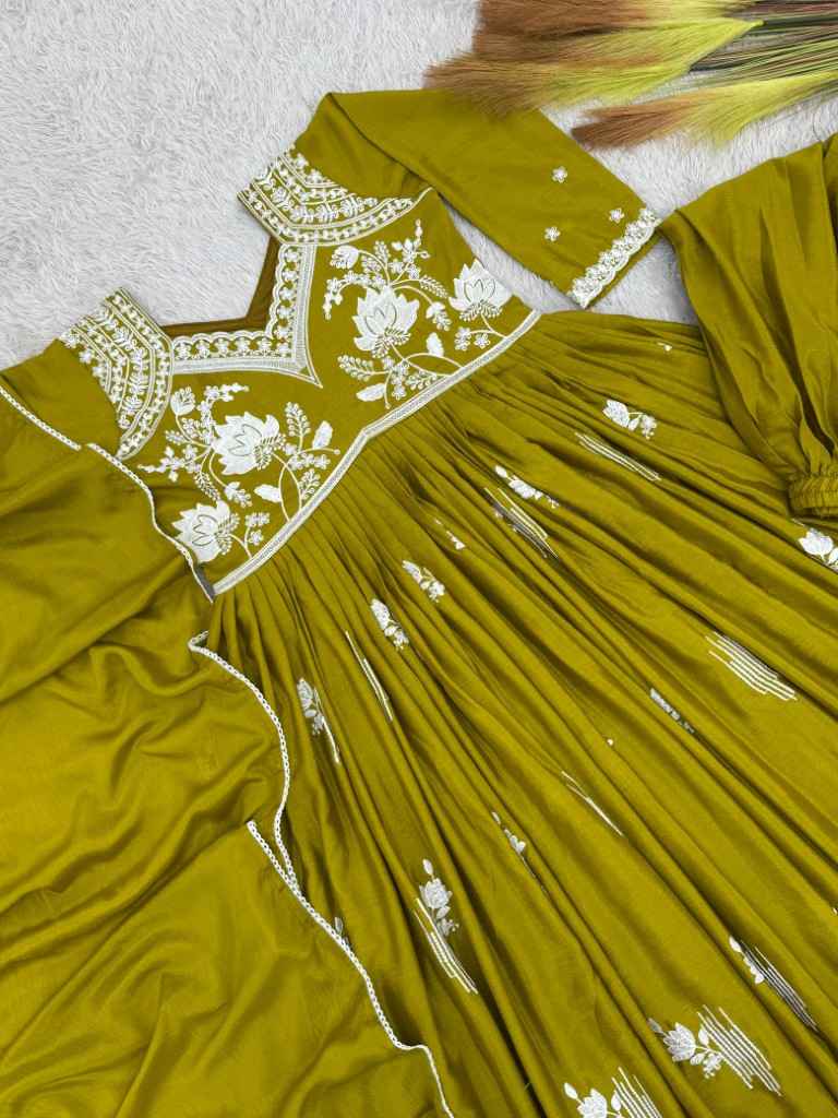 PURE CHINON SILK EMBROIDEY THREAD WORK READYMADE ANARKALI SUIT 