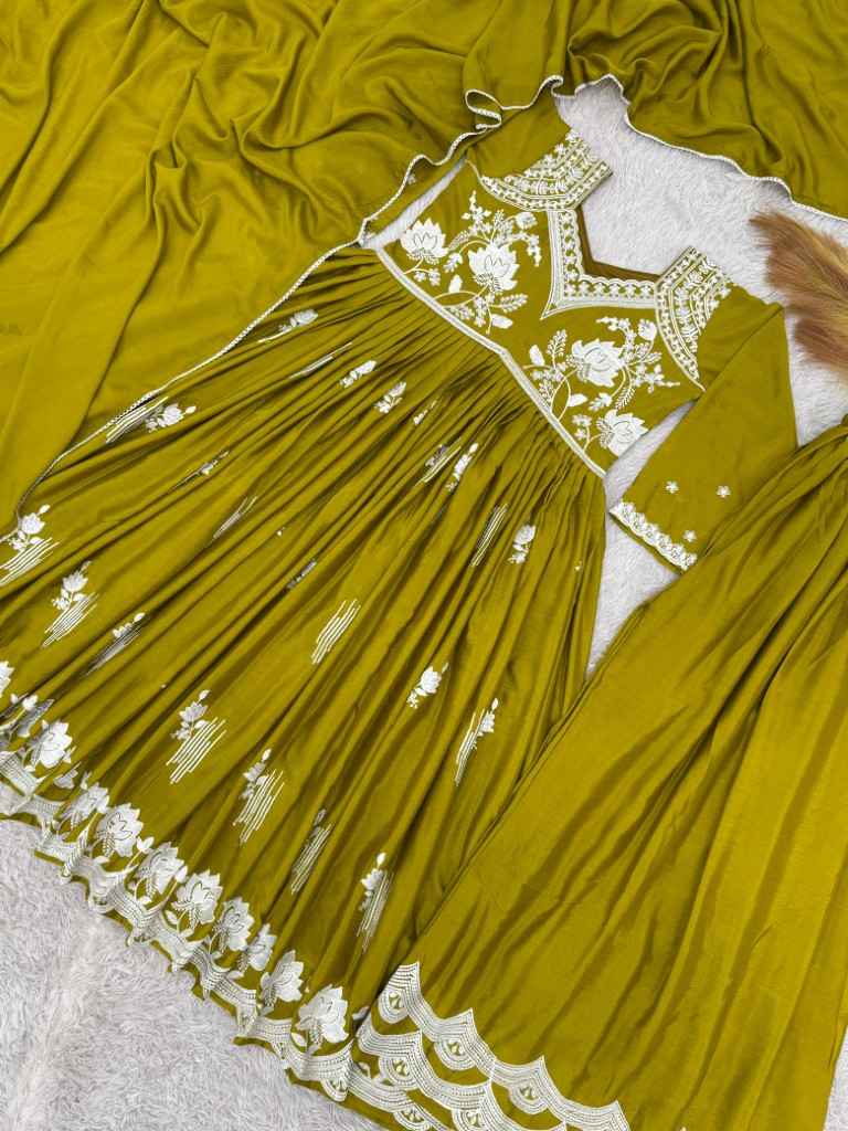 PURE CHINON SILK EMBROIDEY THREAD WORK READYMADE ANARKALI SUIT 