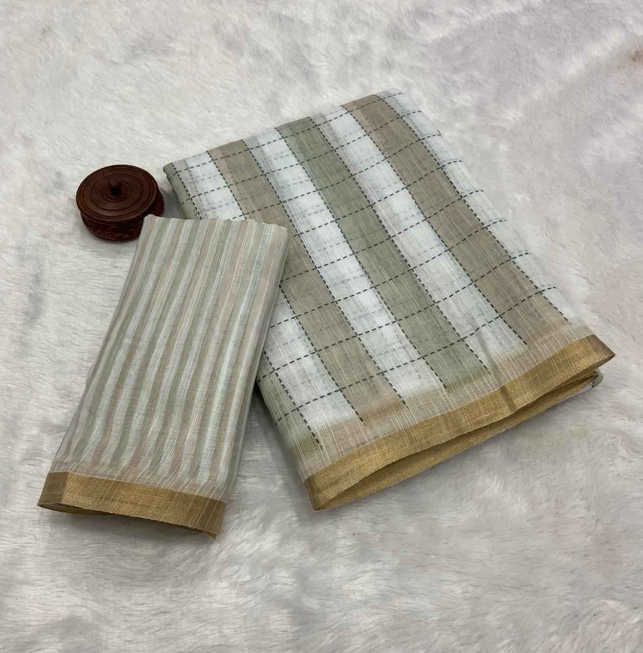 PURE LINEN COTTON DIGITAL PRINTED ZARI BORDER SAREE 