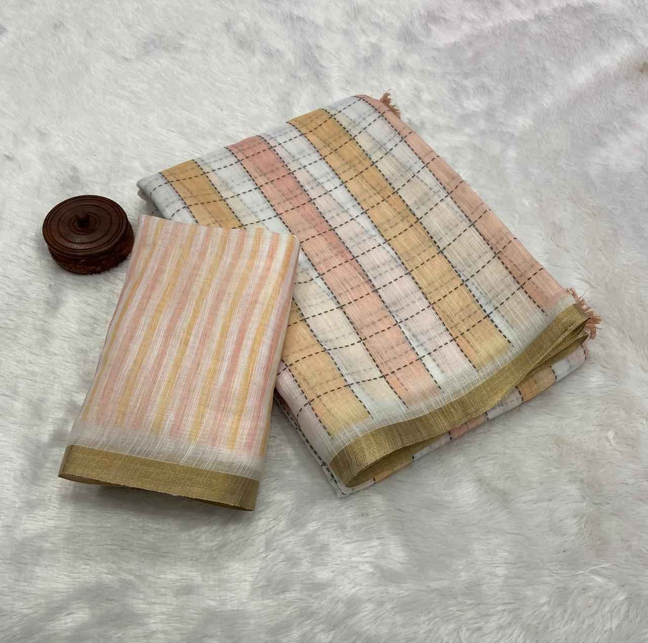 PURE LINEN COTTON DIGITAL PRINTED ZARI BORDER SAREE 