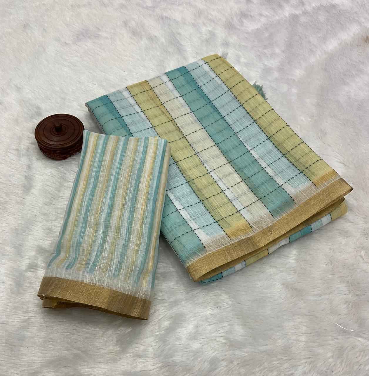 PURE LINEN COTTON DIGITAL PRINTED ZARI BORDER SAREE 