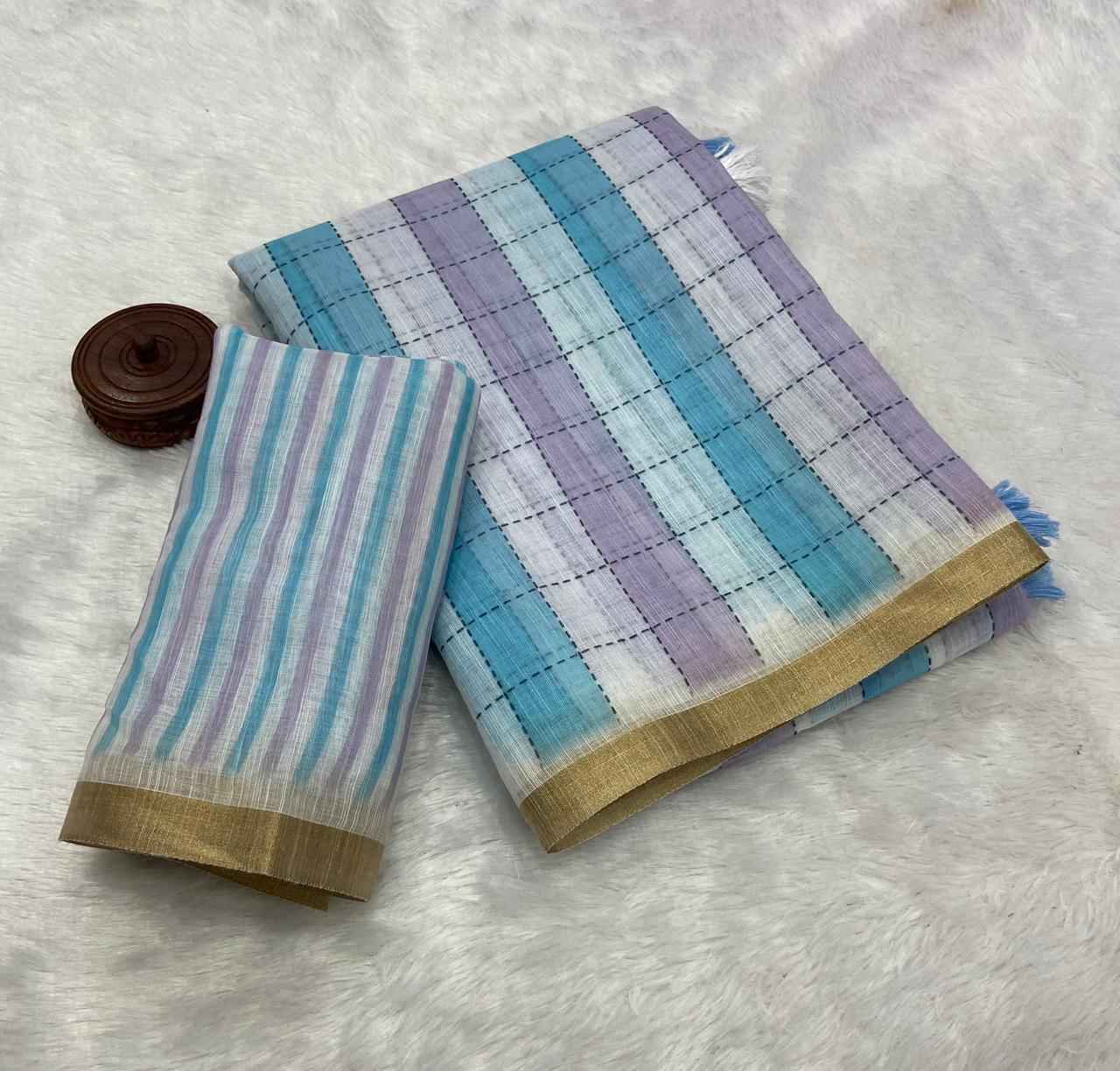 PURE LINEN COTTON DIGITAL PRINTED ZARI BORDER SAREE 