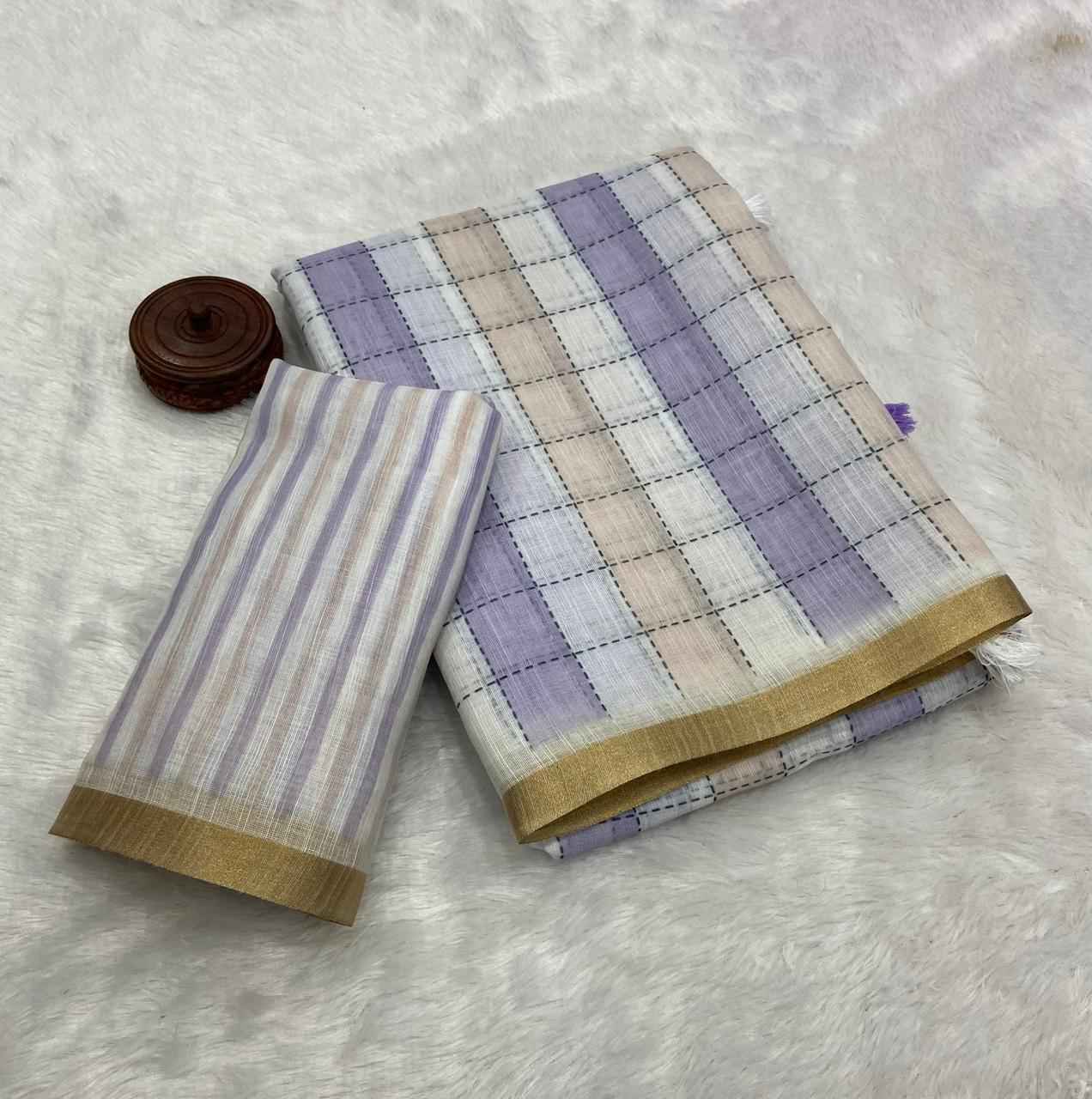 PURE LINEN COTTON DIGITAL PRINTED ZARI BORDER SAREE 