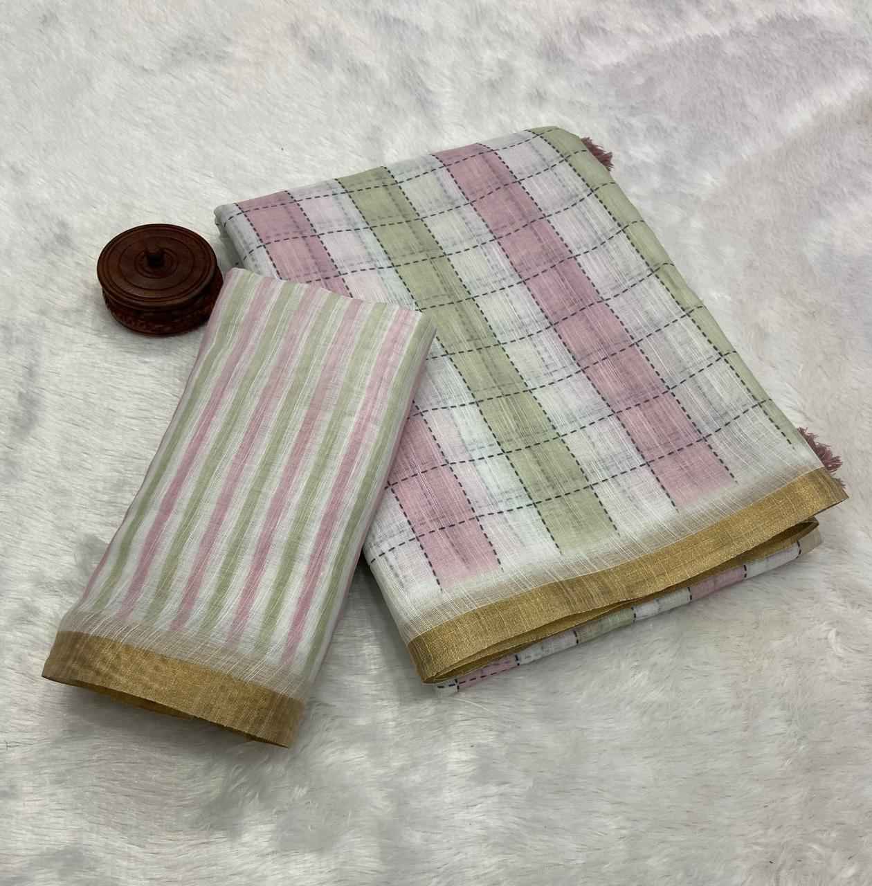 PURE LINEN COTTON DIGITAL PRINTED ZARI BORDER SAREE 