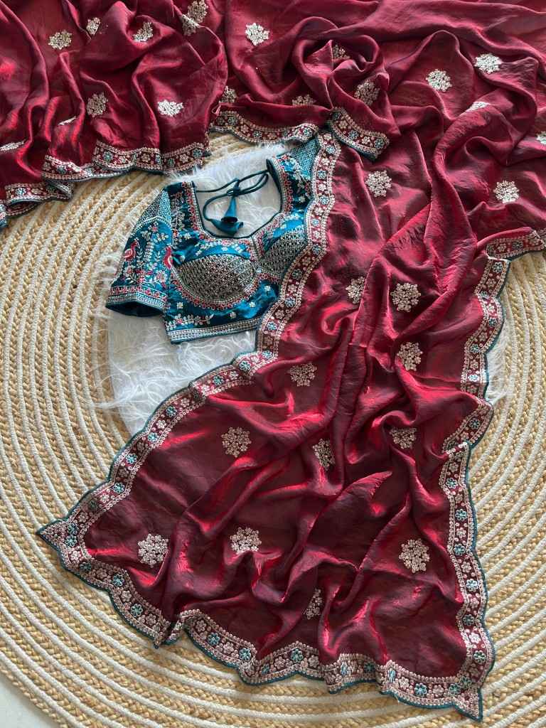 PURE SOFT FANDY SATTIN SILK EMBROIDERY SEQUENCE WORK SAREE