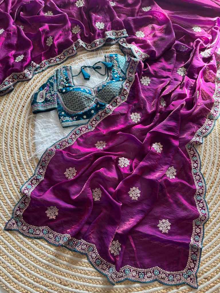 PURE SOFT FANDY SATTIN SILK EMBROIDERY SEQUENCE WORK SAREE
