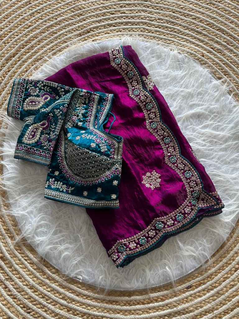 PURE SOFT FANDY SATTIN SILK EMBROIDERY SEQUENCE WORK SAREE