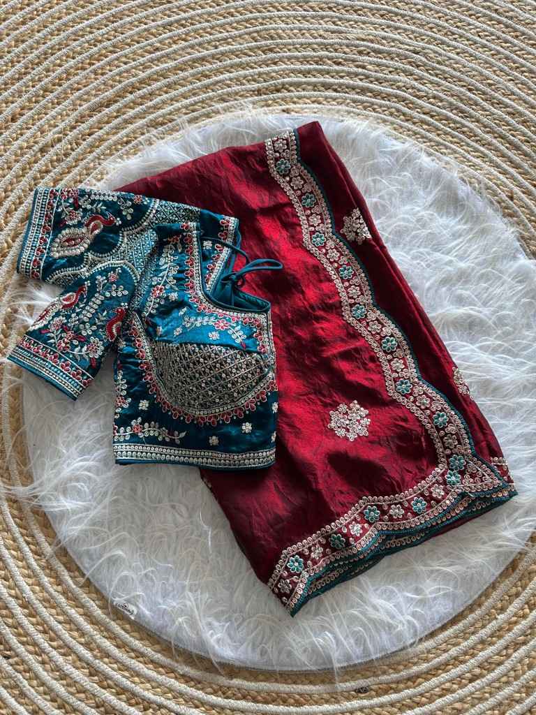 PURE SOFT FANDY SATTIN SILK EMBROIDERY SEQUENCE WORK SAREE