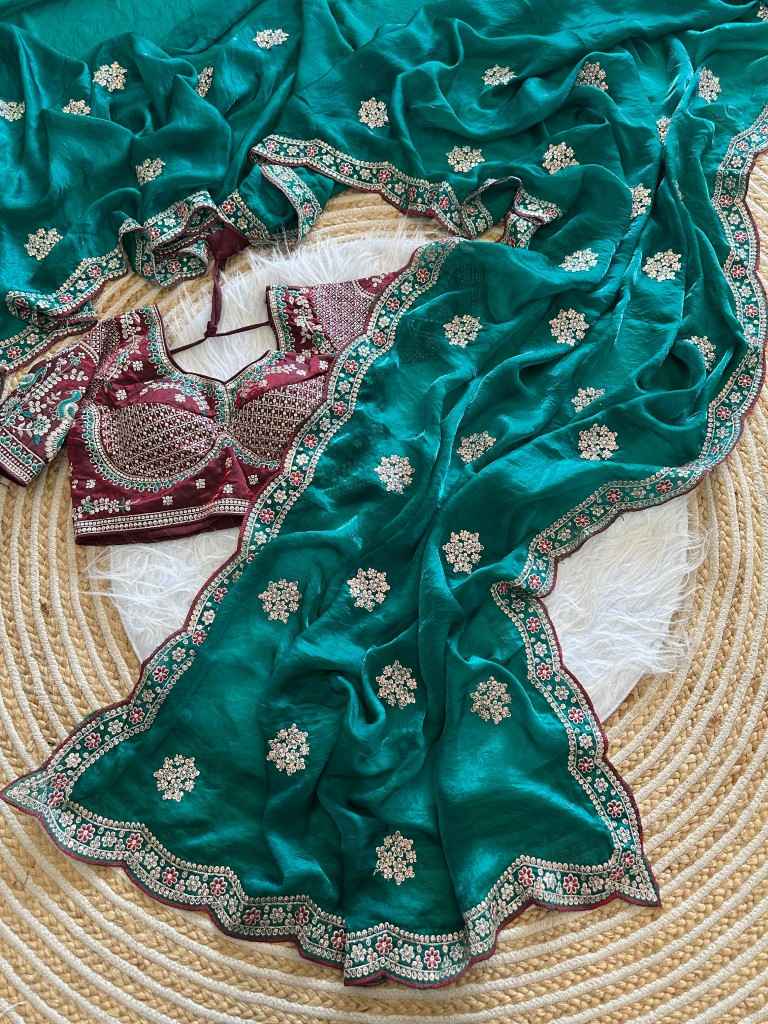 PURE SOFT FANDY SATTIN SILK EMBROIDERY SEQUENCE WORK SAREE