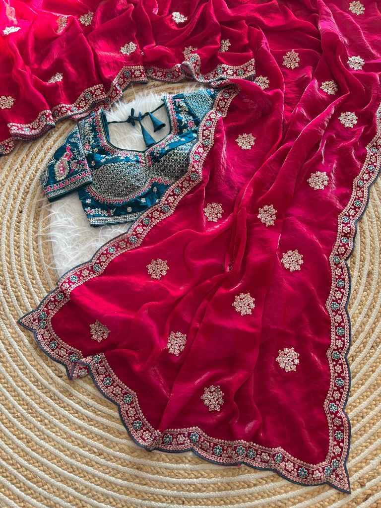 PURE SOFT FANDY SATTIN SILK EMBROIDERY SEQUENCE WORK SAREE