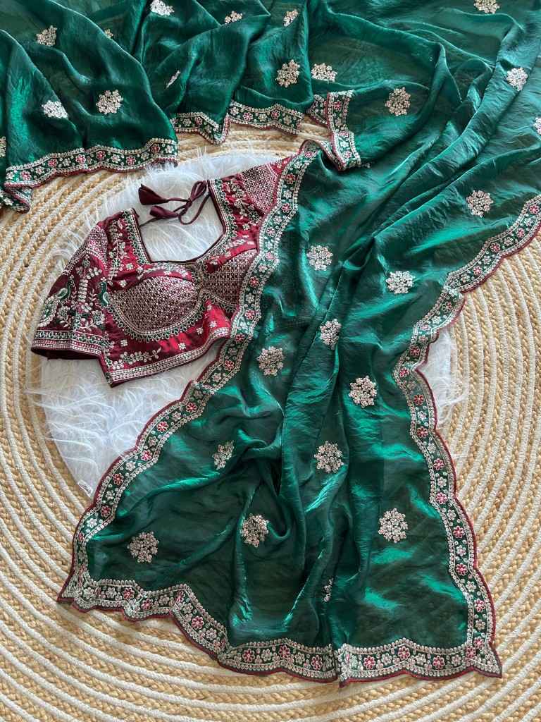 PURE SOFT FANDY SATTIN SILK EMBROIDERY SEQUENCE WORK SAREE