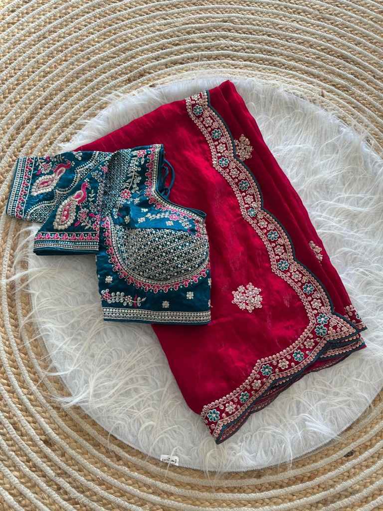 PURE SOFT FANDY SATTIN SILK EMBROIDERY SEQUENCE WORK SAREE