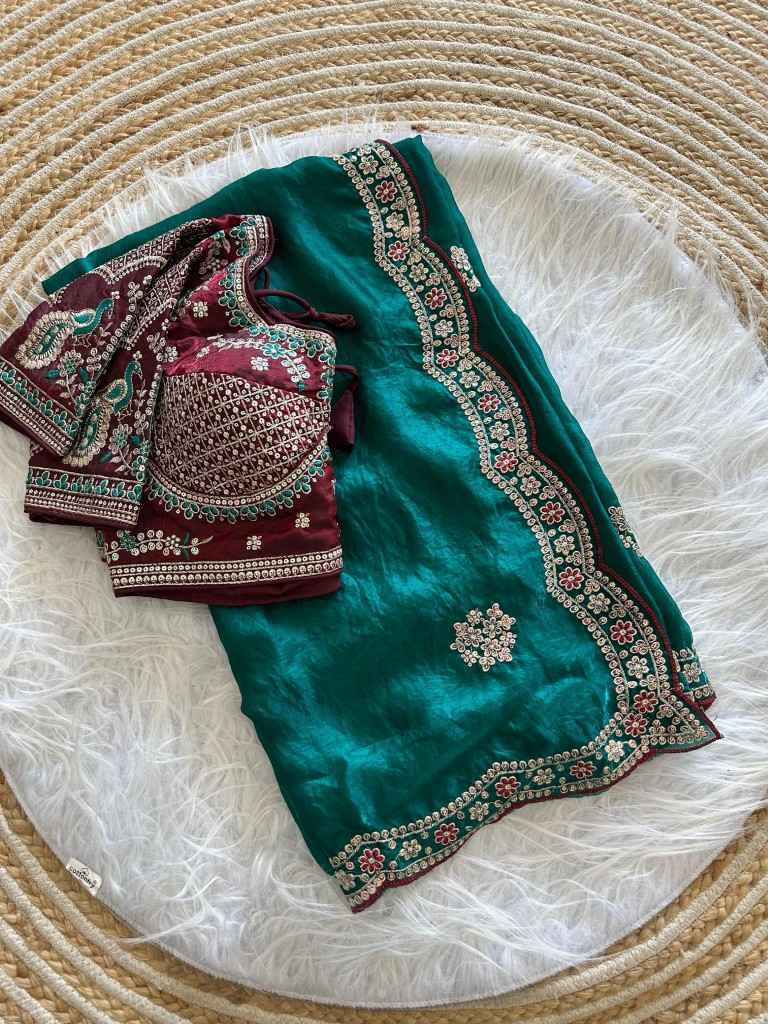 PURE SOFT FANDY SATTIN SILK EMBROIDERY SEQUENCE WORK SAREE