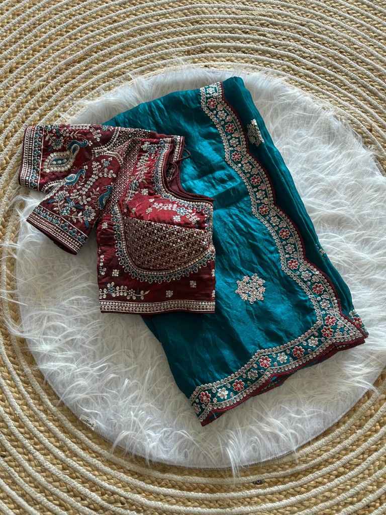 PURE SOFT FANDY SATTIN SILK EMBROIDERY SEQUENCE WORK SAREE