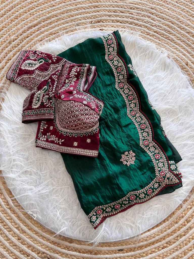 PURE SOFT FANDY SATTIN SILK EMBROIDERY SEQUENCE WORK SAREE
