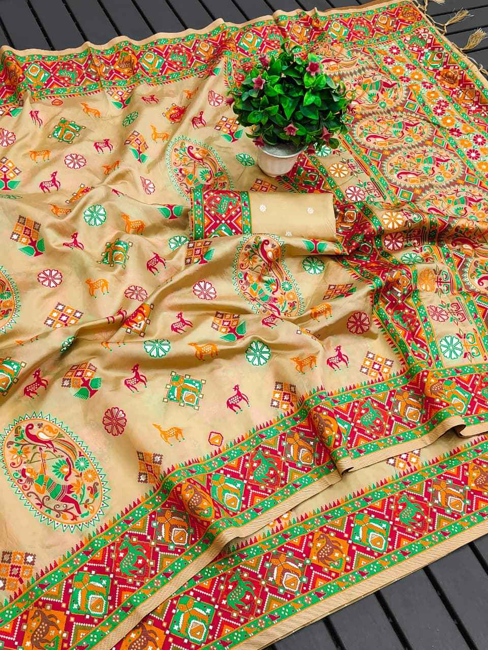  PURE SOFT KASHMIRI PASHMINA SILK MEENA WEAVING SAREE 