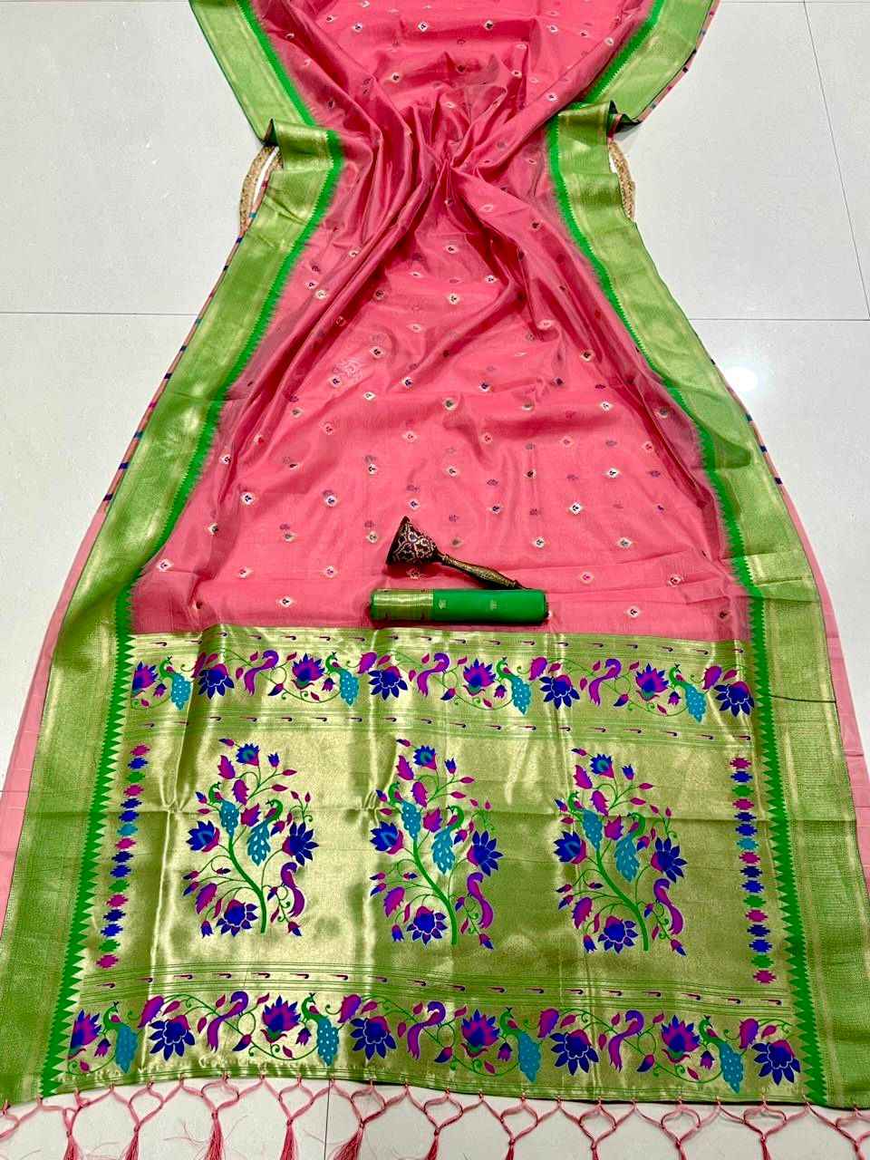 PURE SOFT ORGANZA BAMBOO SILK ZARI WEAVING PAITHANI SAREE 