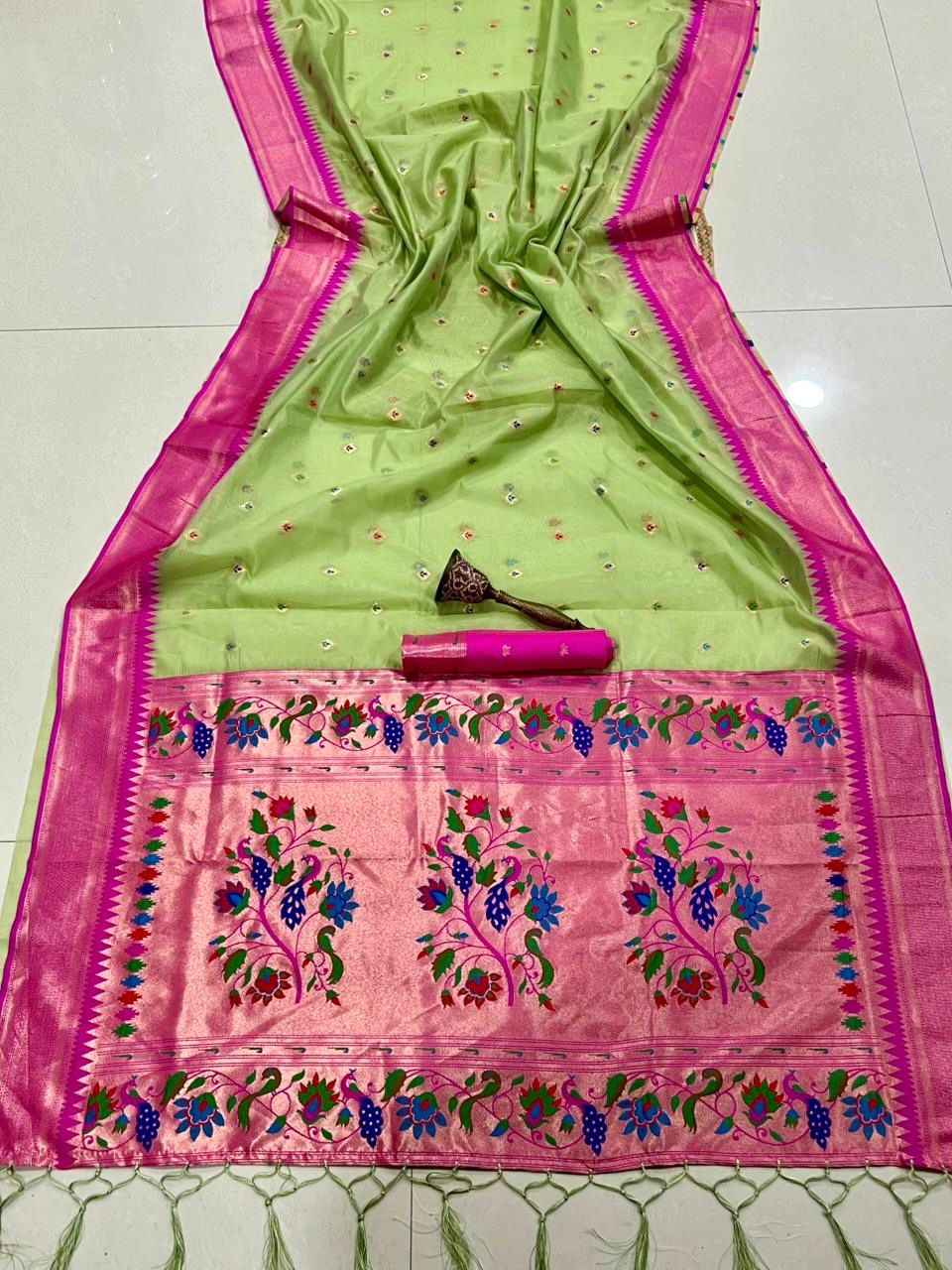  PURE SOFT ORGANZA BAMBOO SILK ZARI WEAVING PAITHANI SAREE 