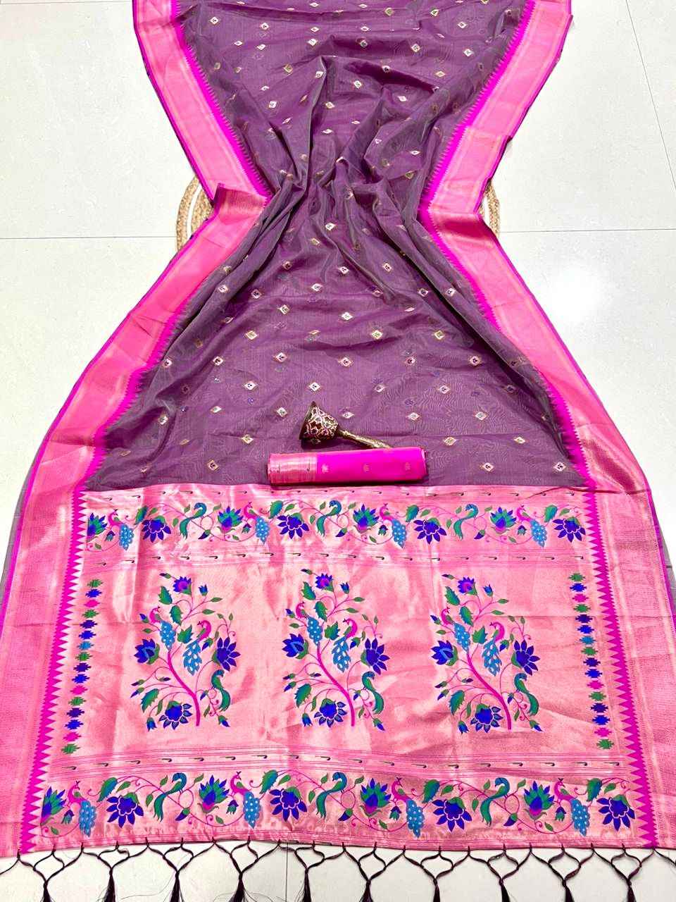  PURE SOFT ORGANZA BAMBOO SILK ZARI WEAVING PAITHANI SAREE 