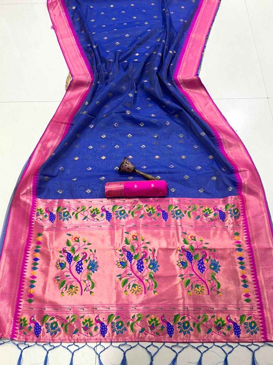  PURE SOFT ORGANZA BAMBOO SILK ZARI WEAVING PAITHANI SAREE 