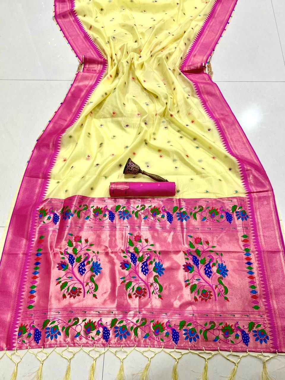  PURE SOFT ORGANZA BAMBOO SILK ZARI WEAVING PAITHANI SAREE 