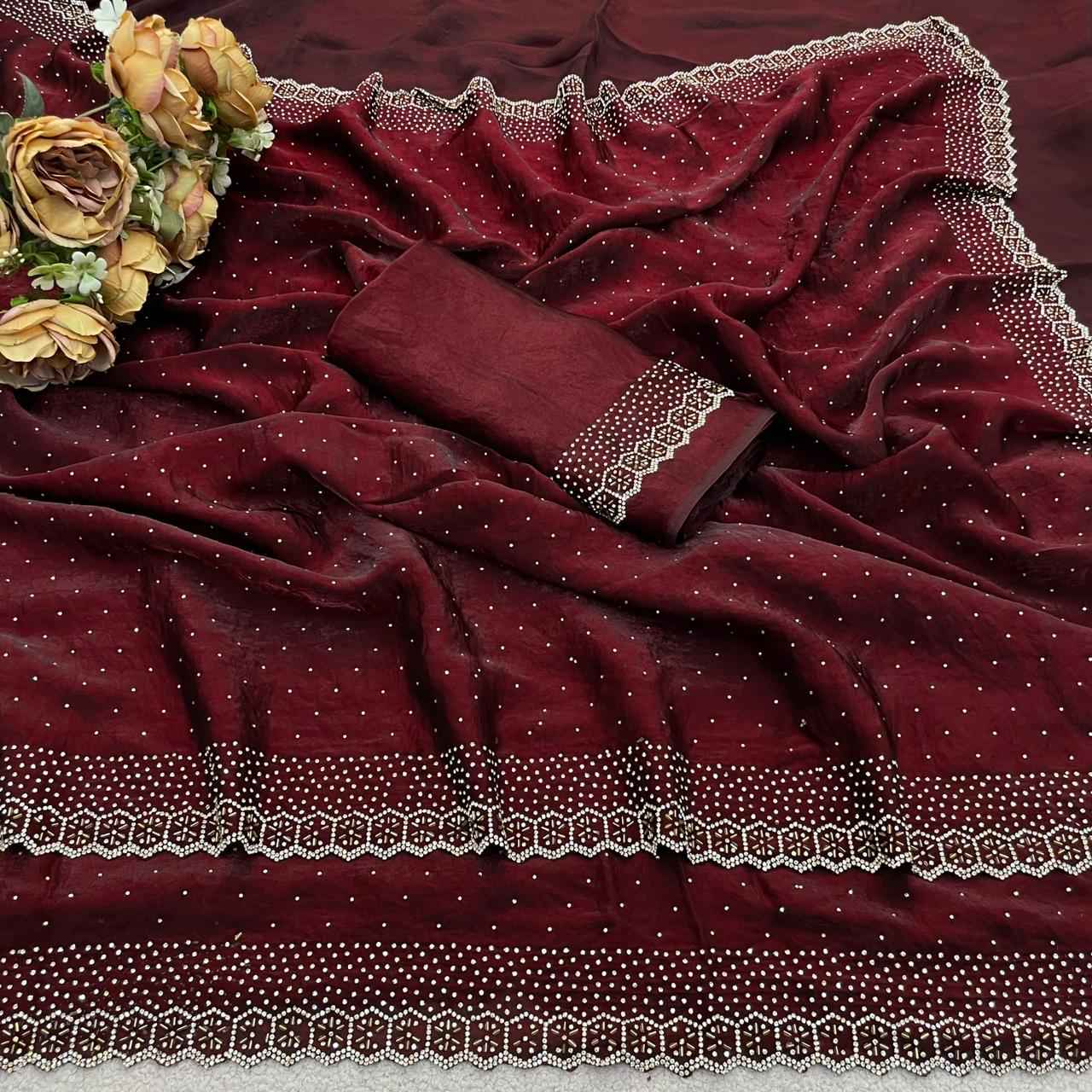 PURE SPACE SILK JARKHAN DAIMOND WORK SAREE 