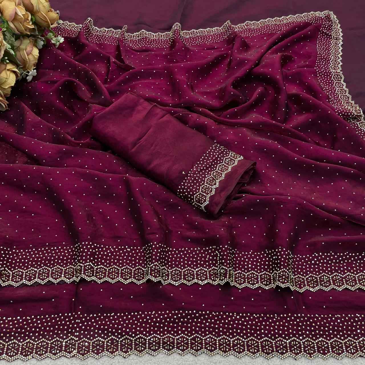 PURE SPACE SILK JARKHAN DAIMOND WORK SAREE 
