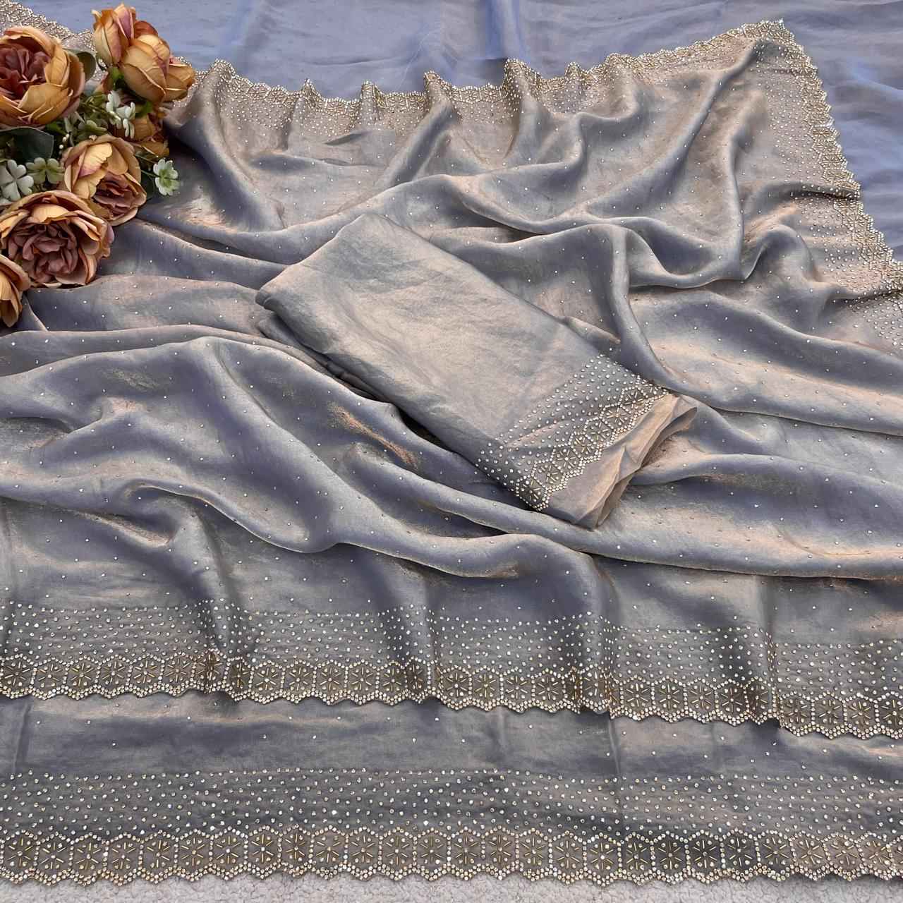 PURE SPACE SILK JARKHAN DAIMOND WORK SAREE 